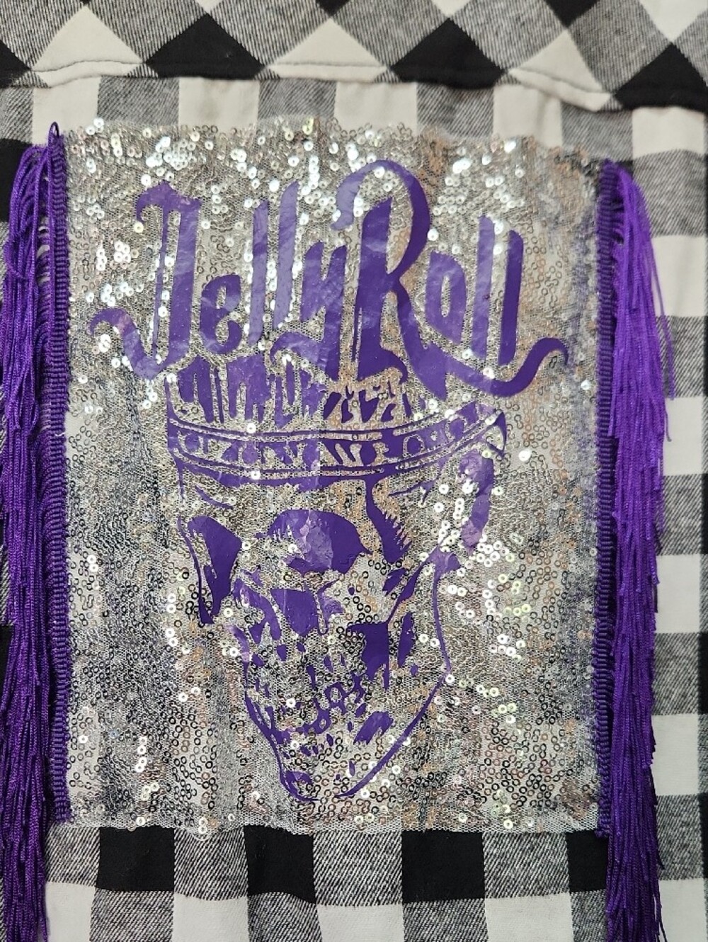 Womens Black & White Checkered Shirt with Purple Sequin Jelly Roll Patch - Picture 2 of 6